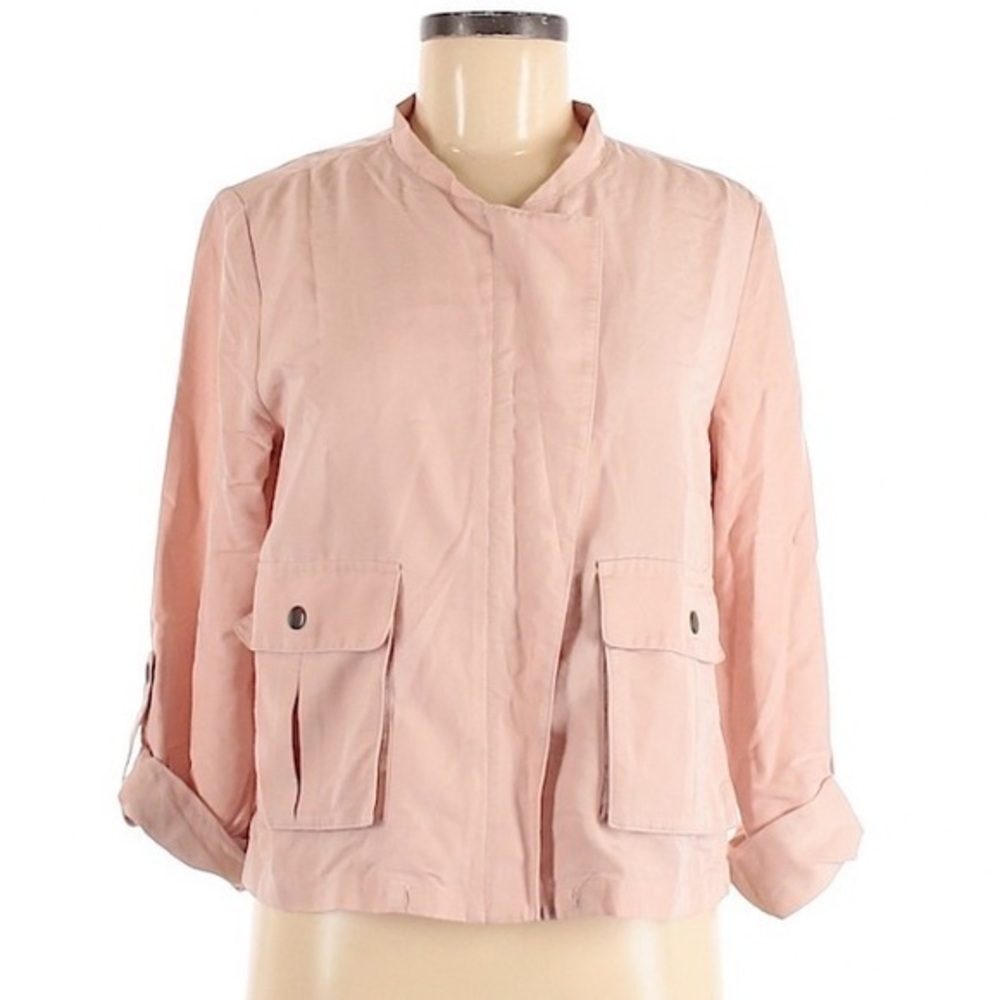 Halogen M pink retro‎ zippered modal blend crop rolled 3/4 sleeve jacket